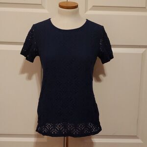 𝅺Market & Spruce Hans Crochet Front Top Navy‎ Size Petite Small NWT